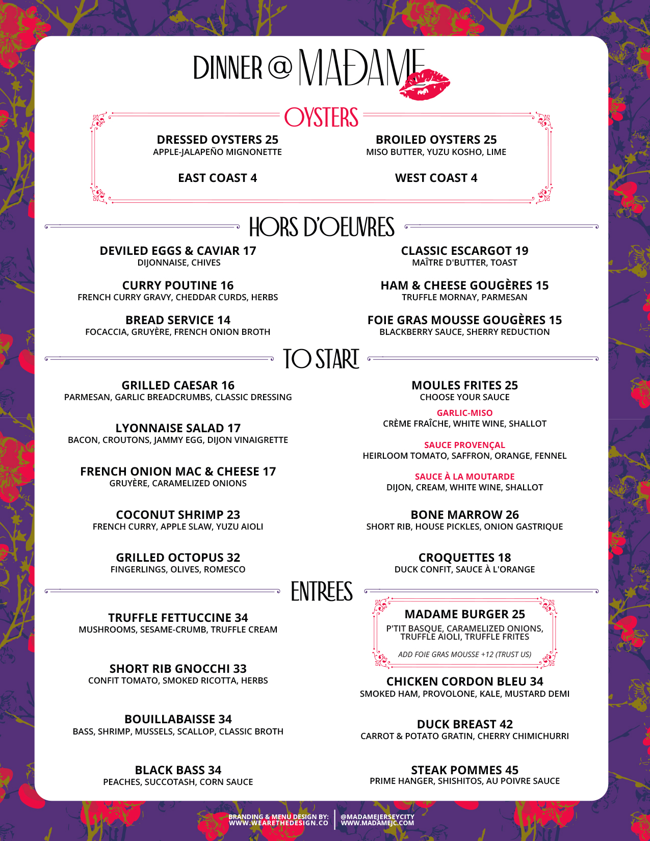 Dinner Menu Madame French Restaurant Jersey City New Jersey