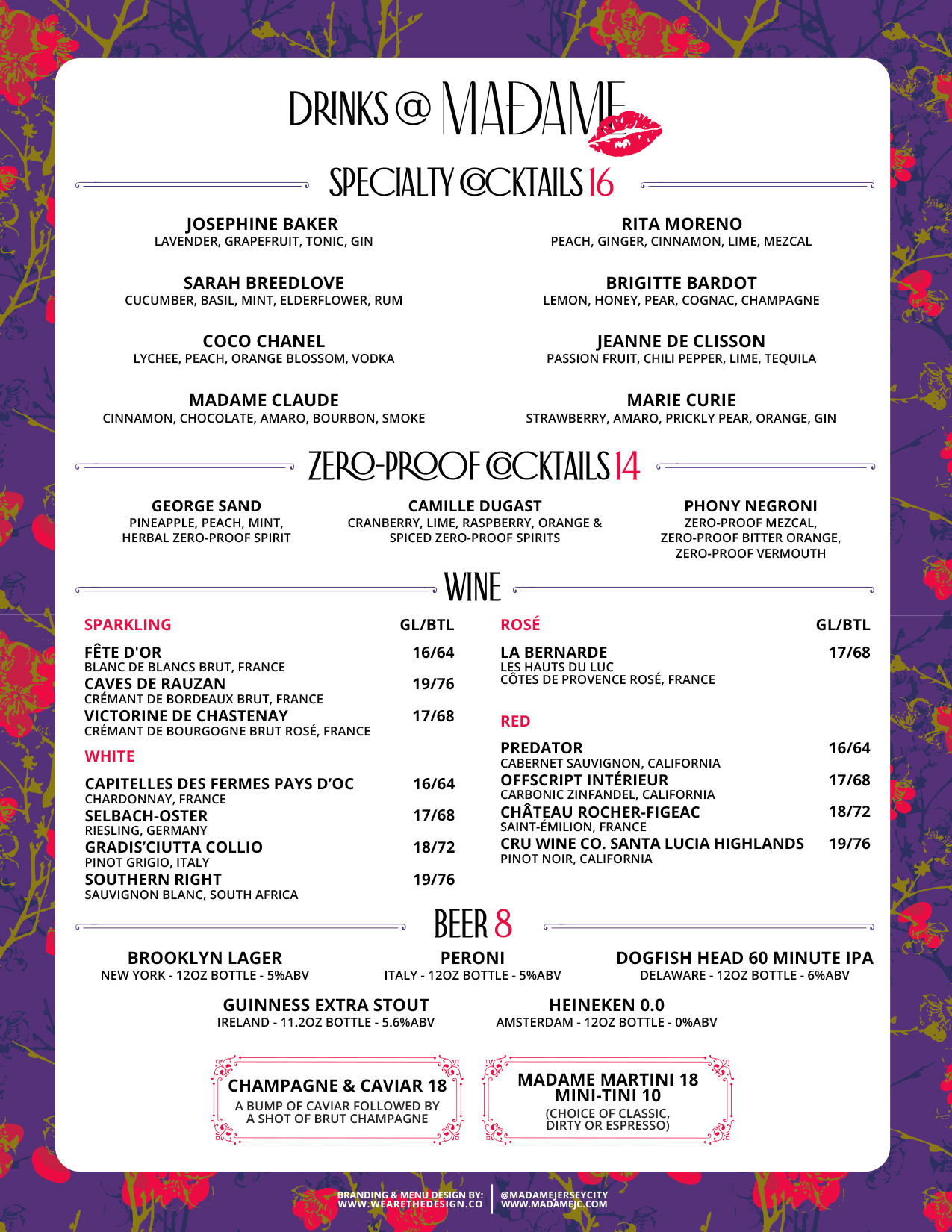 Drink Menu Madame French Restaurant Jersey City New Jersey